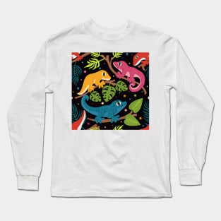 Colourful Geckos with Jungle Leaves and Stars on Black Long Sleeve T-Shirt